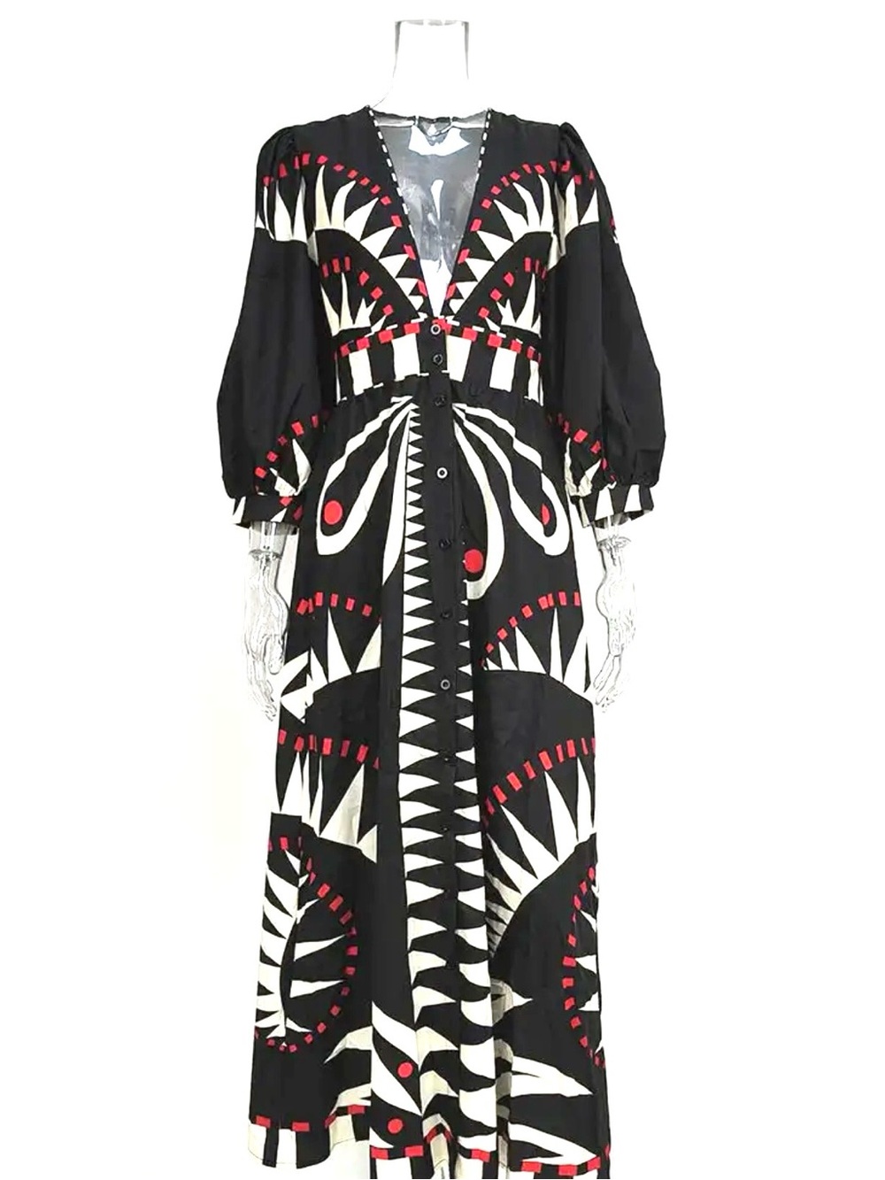 Inspired by Farm Rio Black Graphic Midi Dress with Red & White Print Women’s